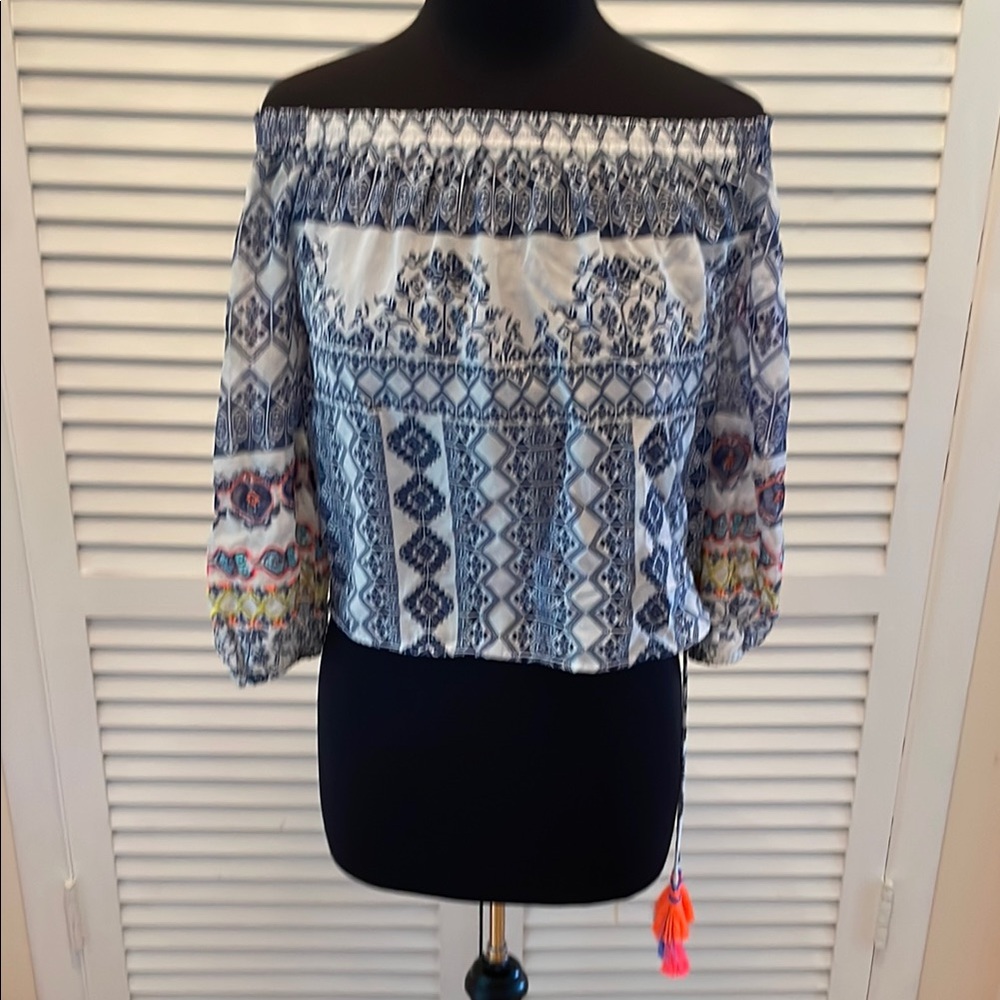 NWT Rococo Sand Blue and White  embroidered Smocked Crop silk Blouse S